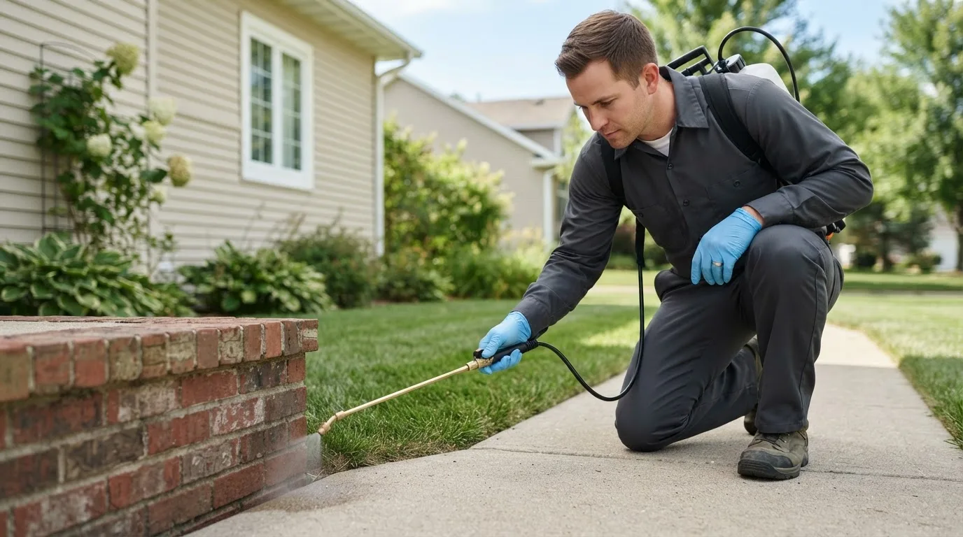 Pest control technician treating a home near Holtsville, NY