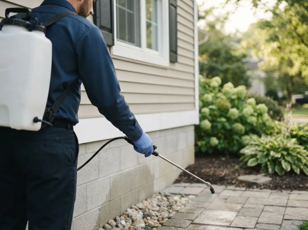 Pest control technician inspecting a home in Holtsville, NY